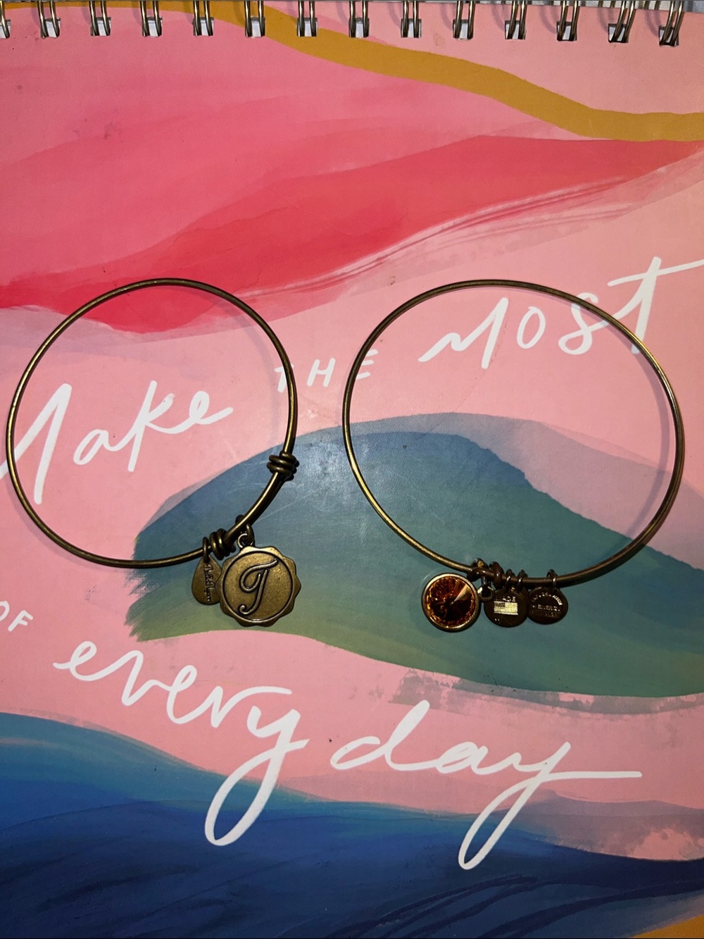 Alex and Ani Bronze Initial 'J' and Charm Bangle Set with Amber accent